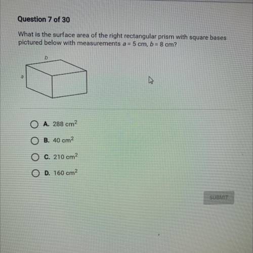 What is the surface area of the right rectangular prism with square bases

pictured below with mea