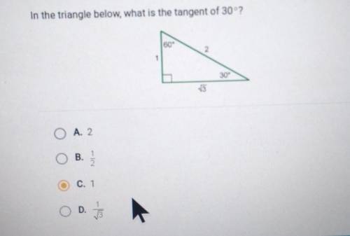 Question 17 of 26 In the triangle below, what is the tangent of 30°? 60° 2 30° 13 O A. 2 OB. B. 1 2
