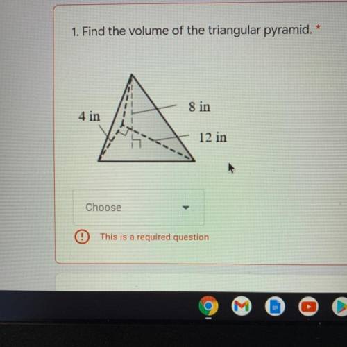 Find the volume of the triangular pyramid.

A. 192 cubic inches
B. 128 cubic inches
C. 24 cubic in
