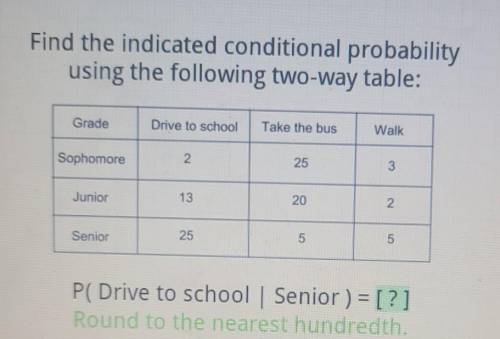 Find the indicated conditional probability using the following two-way table: Grade Drive to school