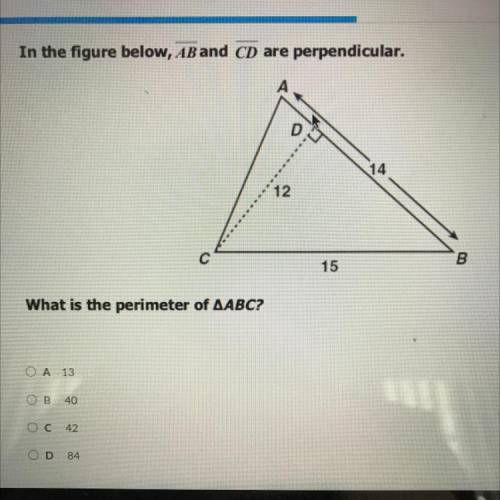 In the figure below, AB and CD are perpendicular.

D
14
12
с
B
15
What is the perimeter of AABC?