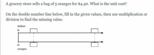 A grocery store sells a bag of 5 oranges for $4.40. What is the unit cost?

On the double number l