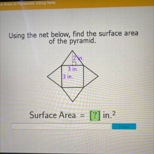 Using the net below, find the surface area

of the pyramid.
2 lin.
3 in.
|3 in.
Surface Area
=
[?]