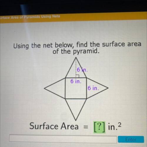 Using the net below, find the surface area

of the pyramid.
nn.
6 in.
6 in.
Surface Area
=
[?] in.