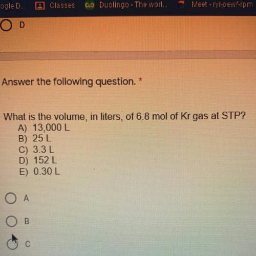 What is the volume, in liters, of 6.8 mol of Kr gas at STP?
