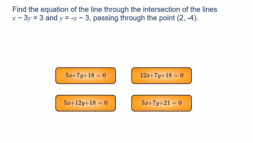 Find the equation of the line through the intersection of the lines x-3y=3 and y=-x-3, passing thro