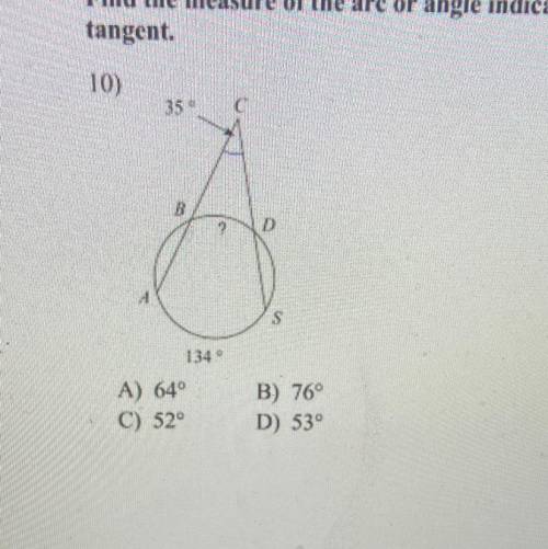 Find the measure of the arc or angle indicated