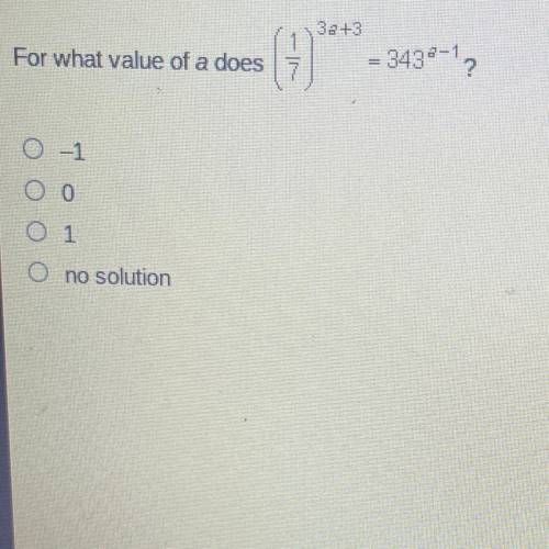 For what value of a does (1/7)^3a+3=343^a-1