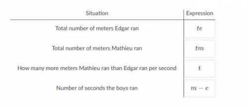 Edgar ran e meters per second, and Mathieu ran m meters per second. The boys ran for t seconds. The