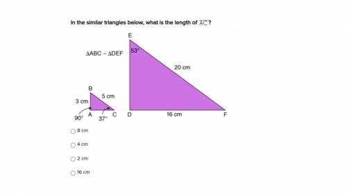 In the similar triangles below, what is the length of ? 8 cm 4 cm 2 cm 16 cm plz help quick T-T