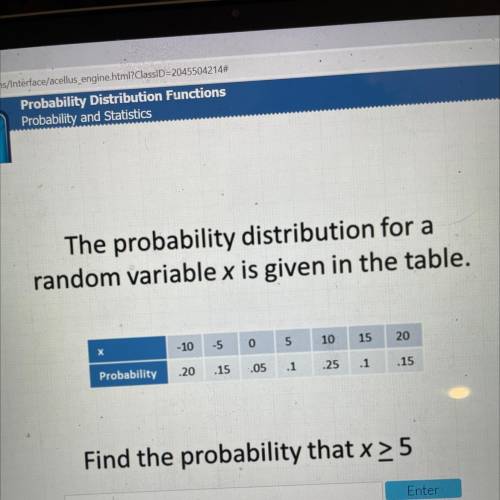 The probability distribution for a

random variable x is given in the table.
-10
-5
0
5
10
15
20
P