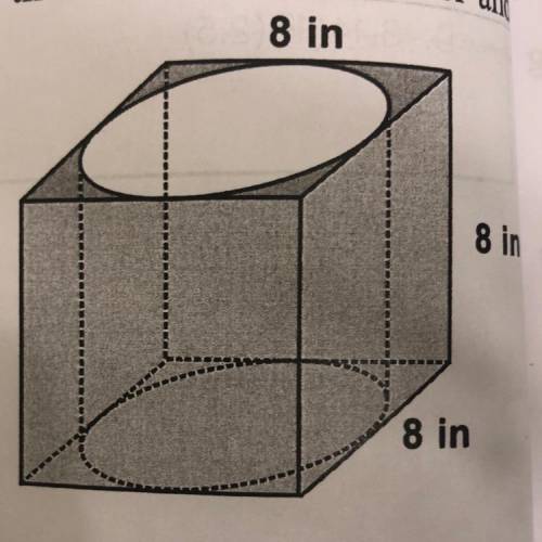 A cube that has edge lengths of 8 inches has a right cylinder cut out of it with a diameter of 8 in