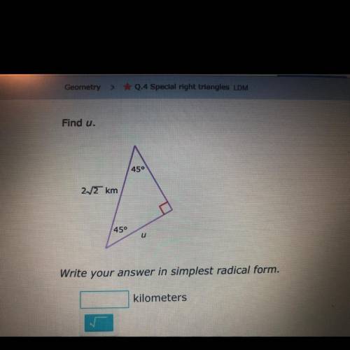 Special right triangles.
Find u.
Please help due in 30 min!