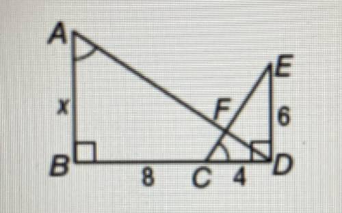 Identify the similar triangles in the figure then find the value of X.

A. Write the similarity st