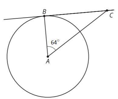 Line BC is a tangent line to the circle centered at A. If angle BAC is 64 degrees, what is the meas
