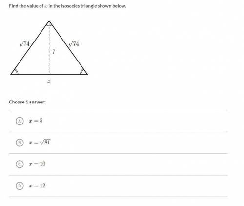 40 POINTS PLEASE HELP ME AND DON'T SEND ANY DOWNLOAD LINKS

Find the value of x in the isosceles t