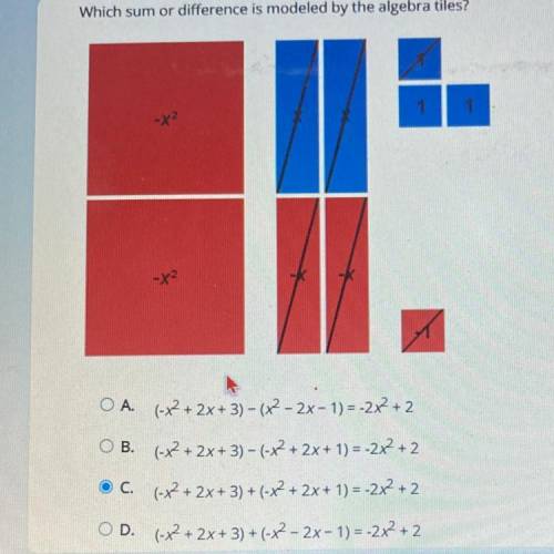 Which sum or difference is modeled by the algebra tiles