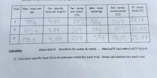 How do I calculate the specific heat of the unknown metal for each trial using the data collected i