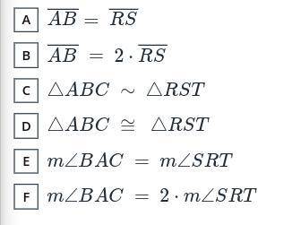 triangle ABC is reflected across the line y = 2x to from triangles RST select all of the true state