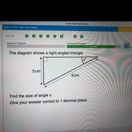 The diagram shows a right-angled triangle.

to
3 cm
8 cm
Find the size of angle x.
Give your answe