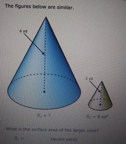 The figures below are similar. 6 yd 2 yd S = ? S2 = 9 yd2 What is the surface area of the larger co
