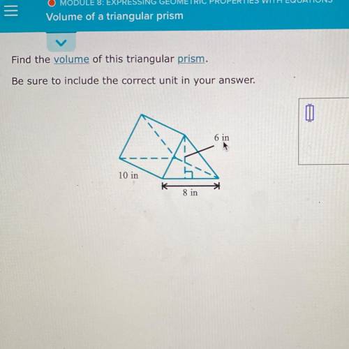 HELP. Find the volume of this triangular prism.

Be sure to include the correct unit in your answe