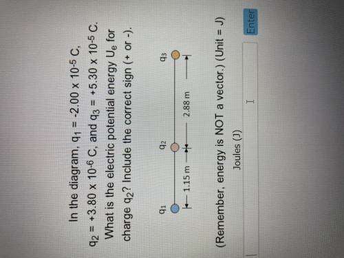 In the diagram, q1= -2.00 x 10-5 C, q2= +3.80 x 10-6 C, and q3= +5.30 x 10-5 C. What is the electri