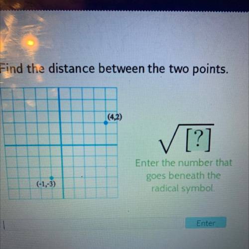 Find the distance between the two points.

✓ [?]
Enter the number that
goes
beneath the
radical sy