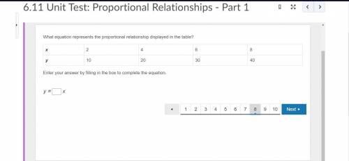 What equation represents the proportional relationship displayed in the table?

x 2 4 6 8
y 10 20