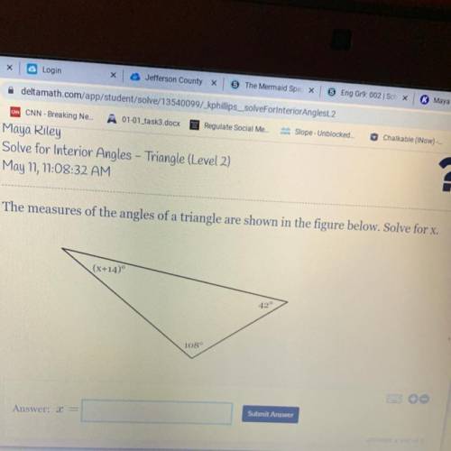 The measures of the angles of a triangle are shown in the figure below. Solve for x.

(x+14)°
420