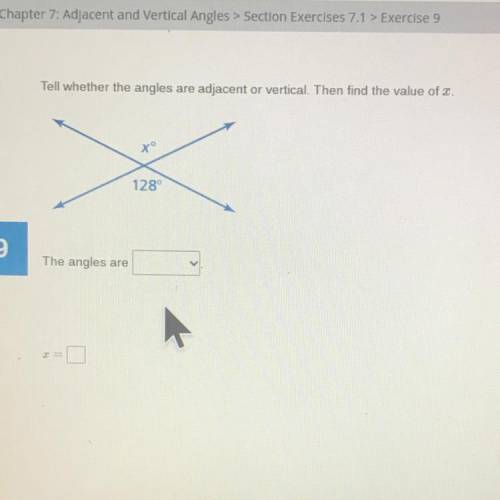 Tell wether the angles are adjacent or vertical then find the value of x
