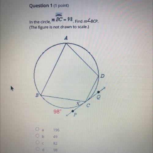 In the circle, m arc BC=98 what is m