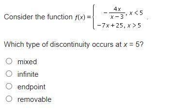 Timed Test
Which type of discontinuity occurs at x = 5?