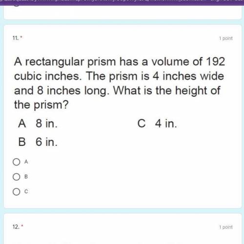 A rectangular prism has a volume of 192 cubic inches the prism is 4 inches wide.....