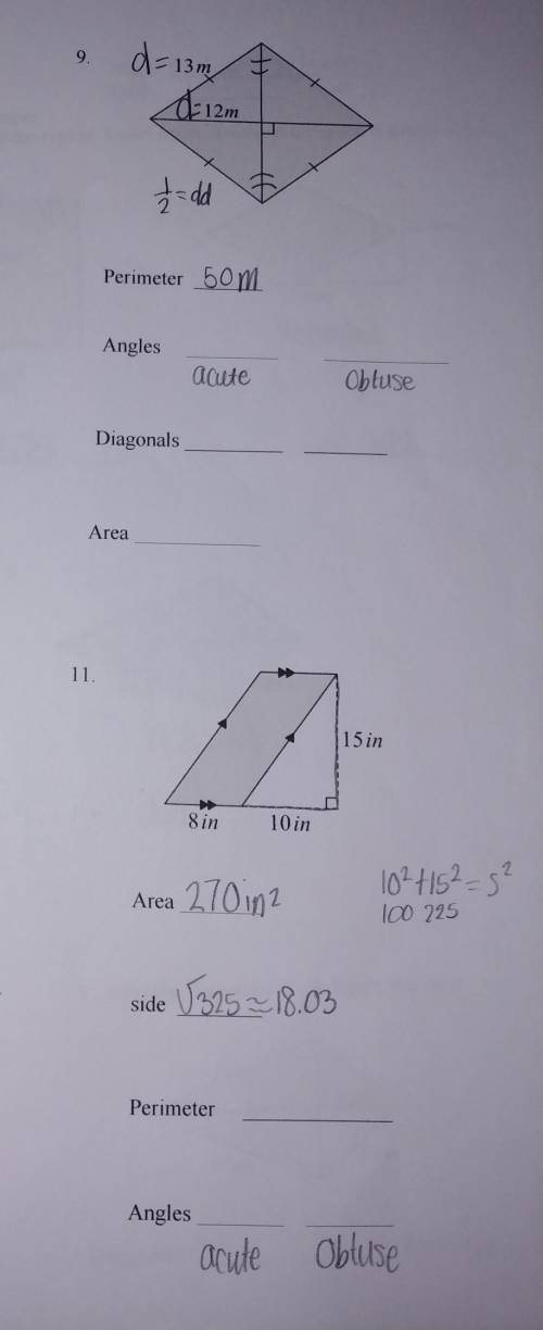 Find the angle, diagonal, area, and perimeter of the shape​