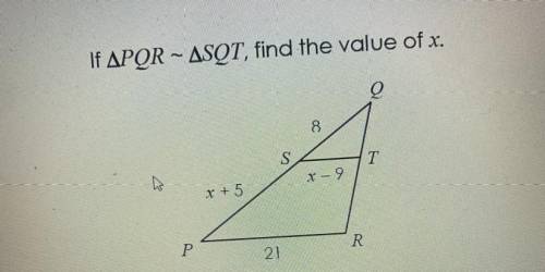 If /\PQR~/\SQT, find the value of x.