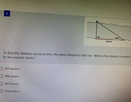 To find the distance across the river, the given diagram is laid out. what is the distance rounded