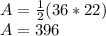 A=\frac{1}{2} (36*22)\\A=396