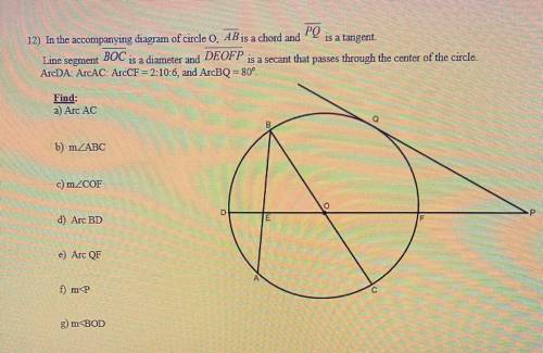 Help please

12) In the accompanying diagram of circle O, AB is a chord and PQ is a tangent.
Line