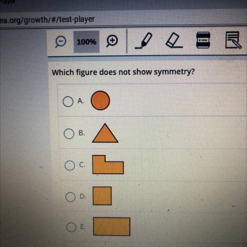 Which figure does not show symmetry?
A.
B.
C.
D
E.