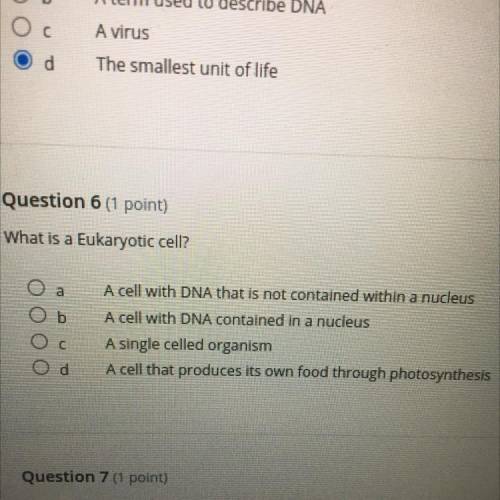 Question 6 (1 point)

What is a Eukaryotic cell?
A cell with DNA that is not contained within a nu