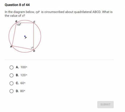 WILL GIVE BRAINLIEST In the diagram below, O P is circumscribed about quadrilateral ABCD. What is t