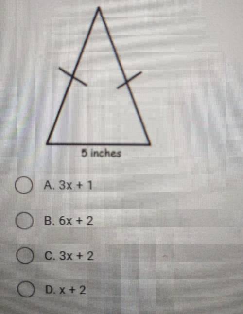 The isosceles triangle below has a perimeter of 6x + 7 at the base is 5,

what is the length of ea