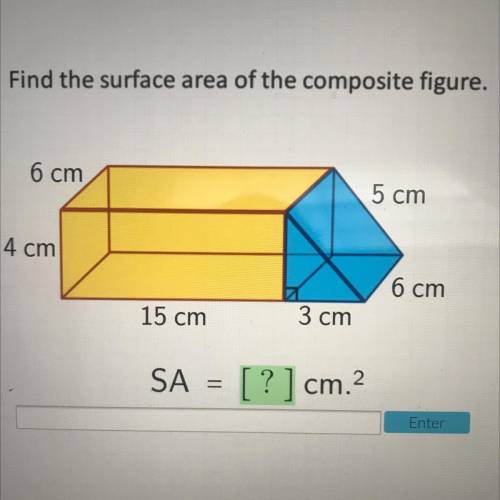 Find the surface area of the composite figure.

6 cm
5 cm
4 cm
6 cm
15 cm
3 cm