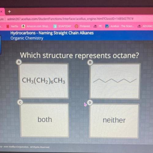 Which structure represents octane?
А
B
CH3(CH2).CH3
с
both
neither