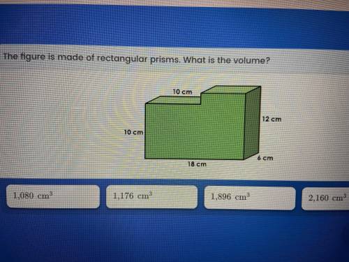 The figure is made of rectangular prism’s. What is the volume?????