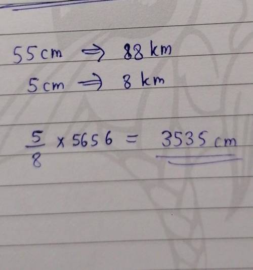The scale on a map is 55 cm : 88 km.

If the distance between two cities is 5656 km, how far apart