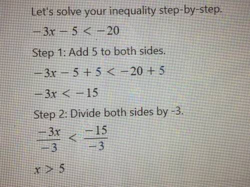 What is the solution to the inequality -3x - 5 < -20?