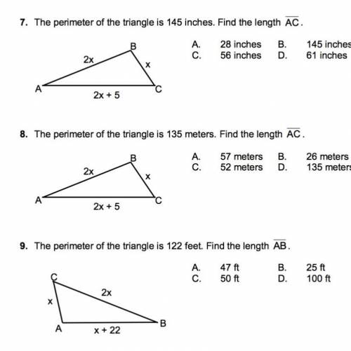 WILL MARK BRAINLIEST ANSWER!!!

7. The perimeter of the triangle is 145 inches. Find the length AC