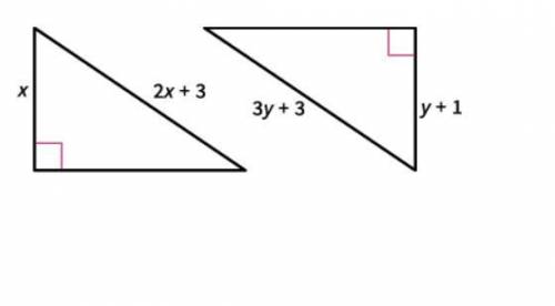 HELP IM GOING TO HAVE A MENTAL BREAKDOWN

Find the values of x and y that make these triangles con